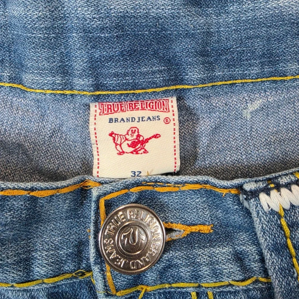 Vtg True Religion Ricky Big T Jeans Mens 34x32 Blue Straight Leg USA Made Stitch